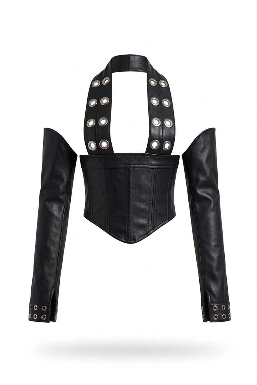 Black Plugged Logo Leather Corset