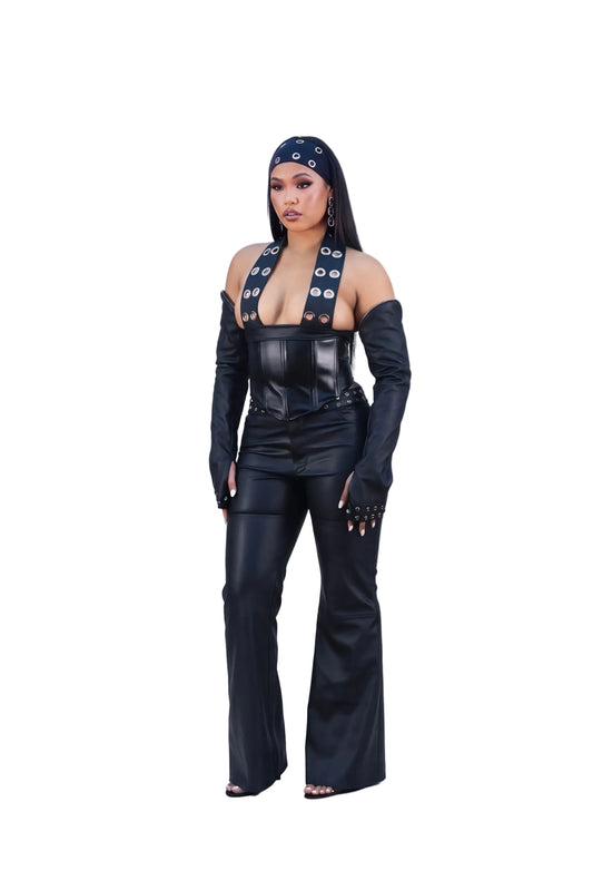 Black Plugged Logo Leather Corset